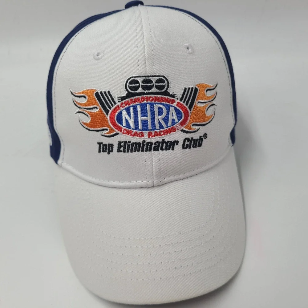 NHRA Hat Adjustable White Blue Top Eliminator Club 2023 Drag Racing USA Flag Men